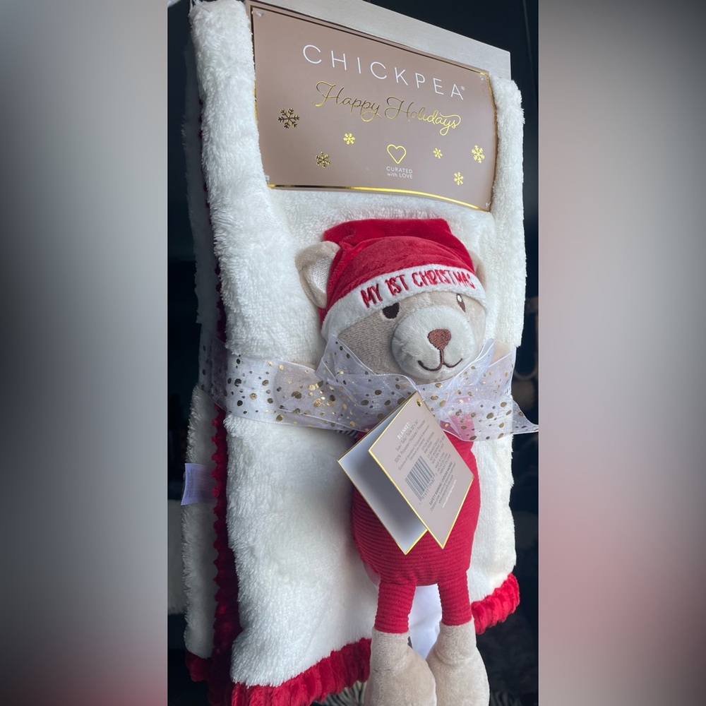 Chick Pea Baby Blanket 1st Christmas W Bear Plush 2 Pc Set 30x36 NEW Great Gift